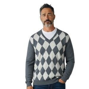 Peter Millar XXL Mens Gray Argyle 100% Merino Wool‎ V-Neck Sweater Pullover EUC
